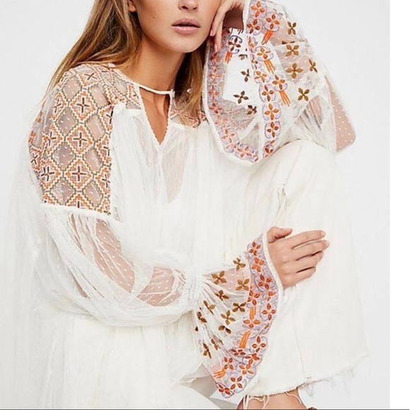 Free People Tops - Free people joyride embroidered tulle blouse